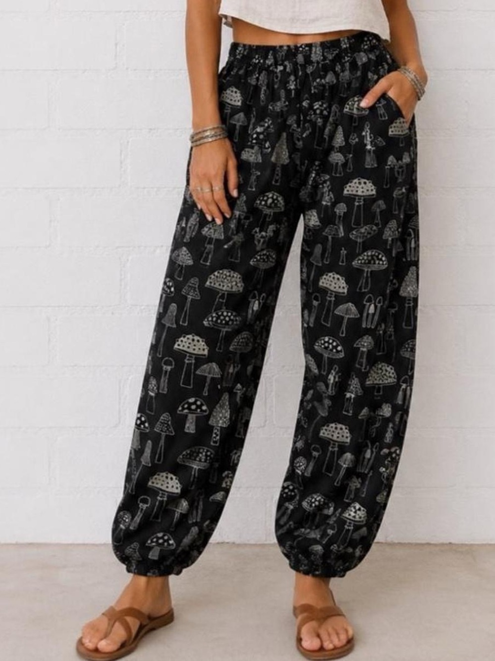 Handmade Mushroom Jogger Pants S M Black Cotton Boho Granola Festival Whimsigoth